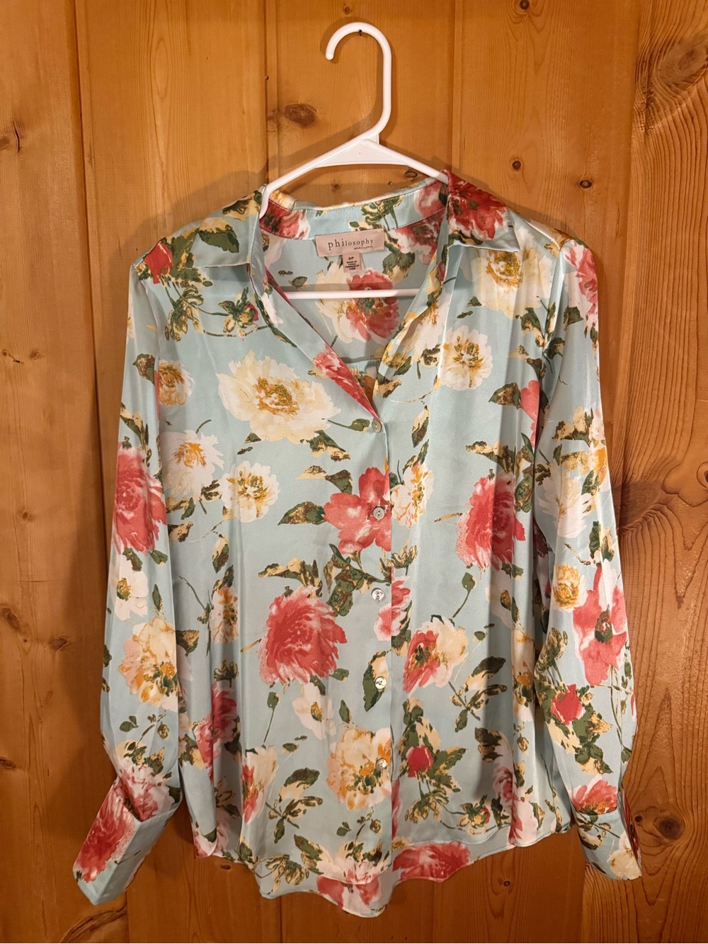 Philosophy Floral Button-Down Blouse in Light Blue with Pink and Cream Flowers